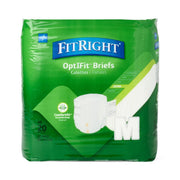 A package of FitRight OptiFit Briefs adult diapers in size M, featuring a bright green outer wrapper with a blue brand logo and a graphic of the white briefs inside.