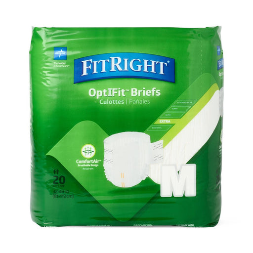 A package of FitRight OptiFit Briefs adult diapers in size M, featuring a bright green outer wrapper with a blue brand logo and a graphic of the white briefs inside.