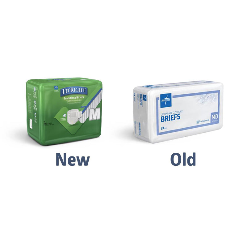Two packages of FitRight and Medline briefs labeled 'New' and 'Old' on a white background.