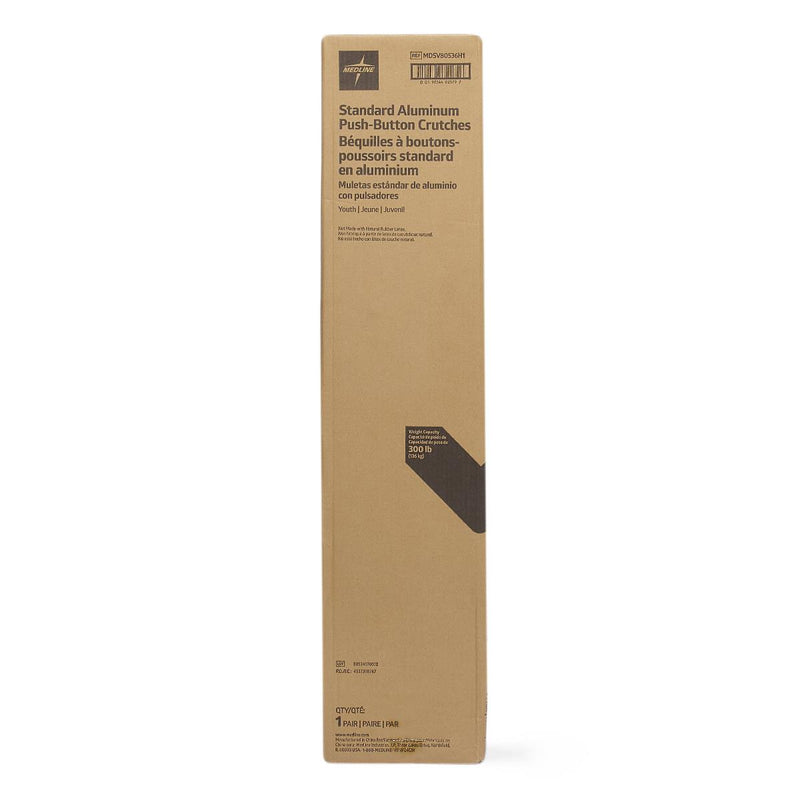 Cardboard box packaging for standard aluminum push-button crutches on a white background