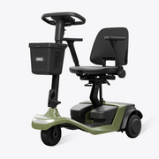 Green mobility scooter with a black seat and basket on a white background