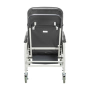 Black reclining chair with wheels on a white background