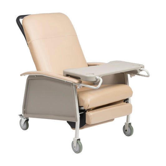 Beige patient recliner chair with armrests and a tray on a white background