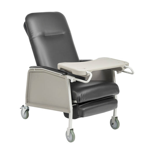 Medical recliner chair with a tray on a white background