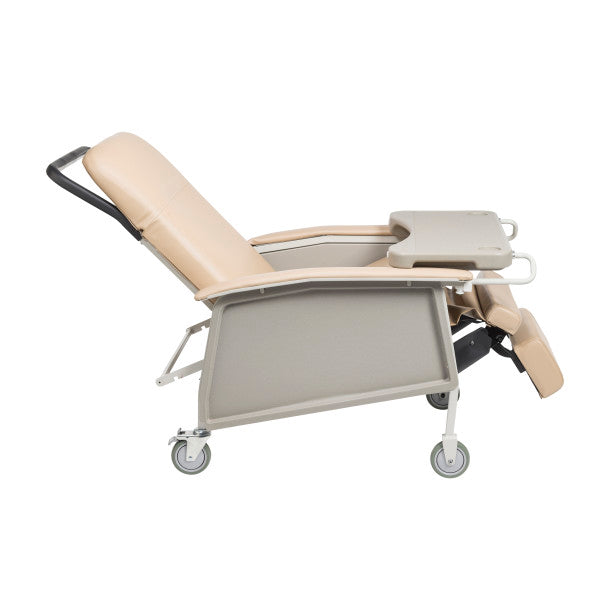 Beige recliner chair with wheels on a white background