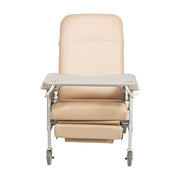 Beige recliner chair with adjustable headrest on a white background