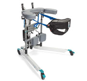 A medical standing frame with a headrest, side support, and black transfer harness, shown on a white background.