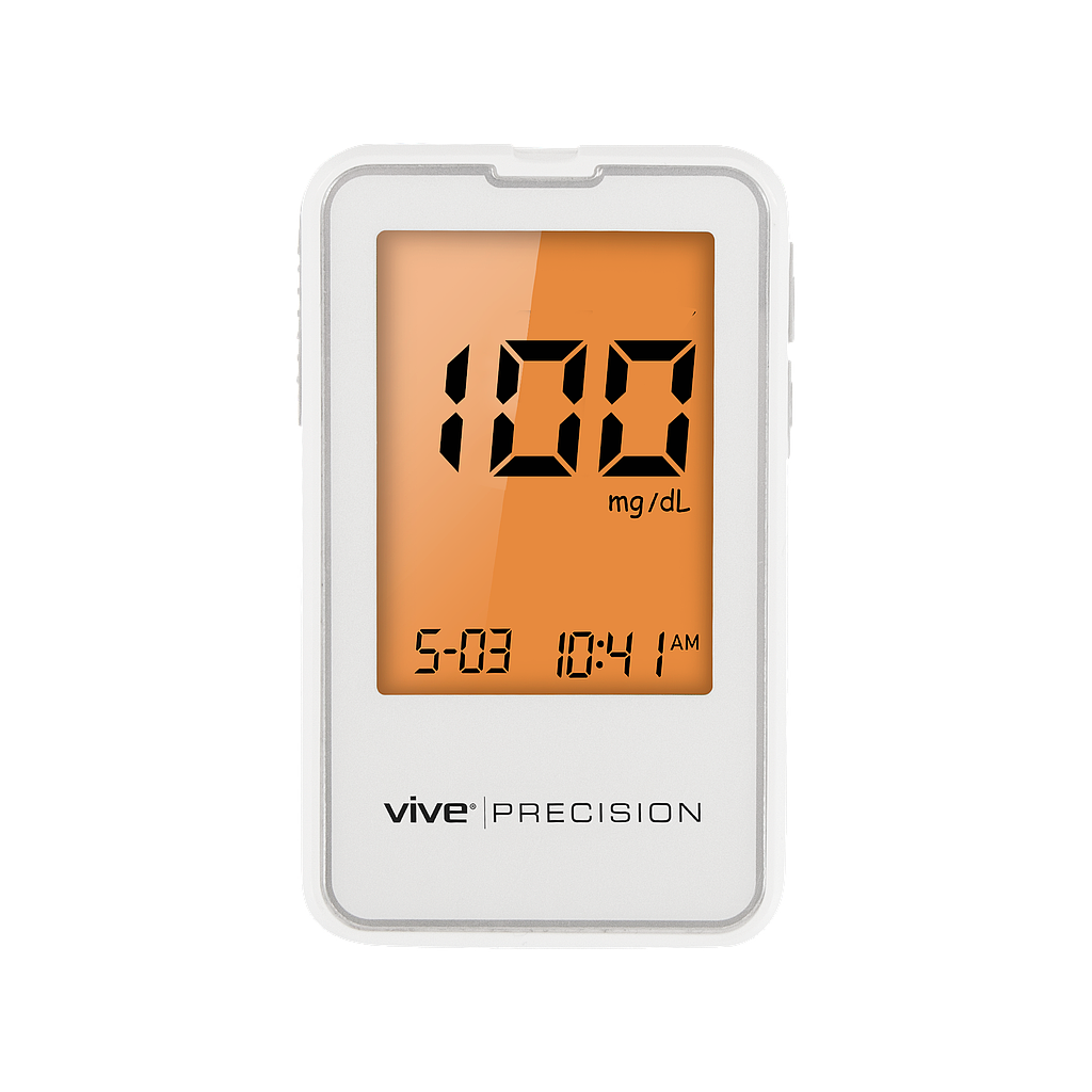 Digital blood glucose monitor with orange display and white frame on a white background