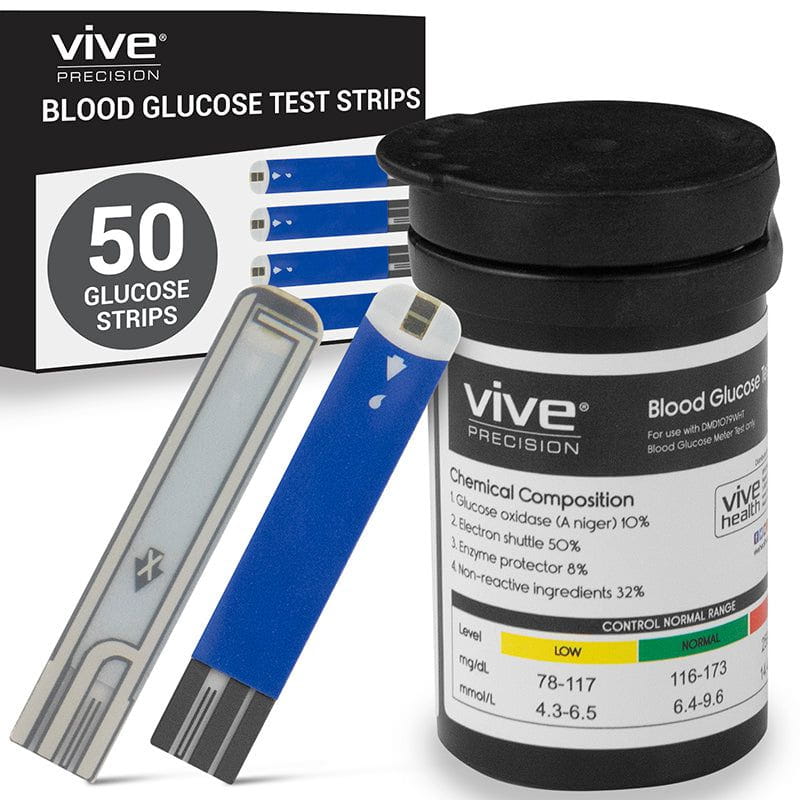 Vive Precision blood glucose test strips and meter with packaging on a white background