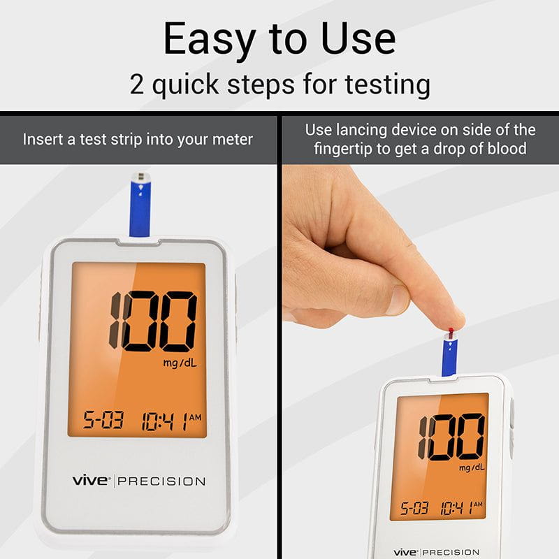 Vive Precision blood glucose monitor with instructions on how to use it.
