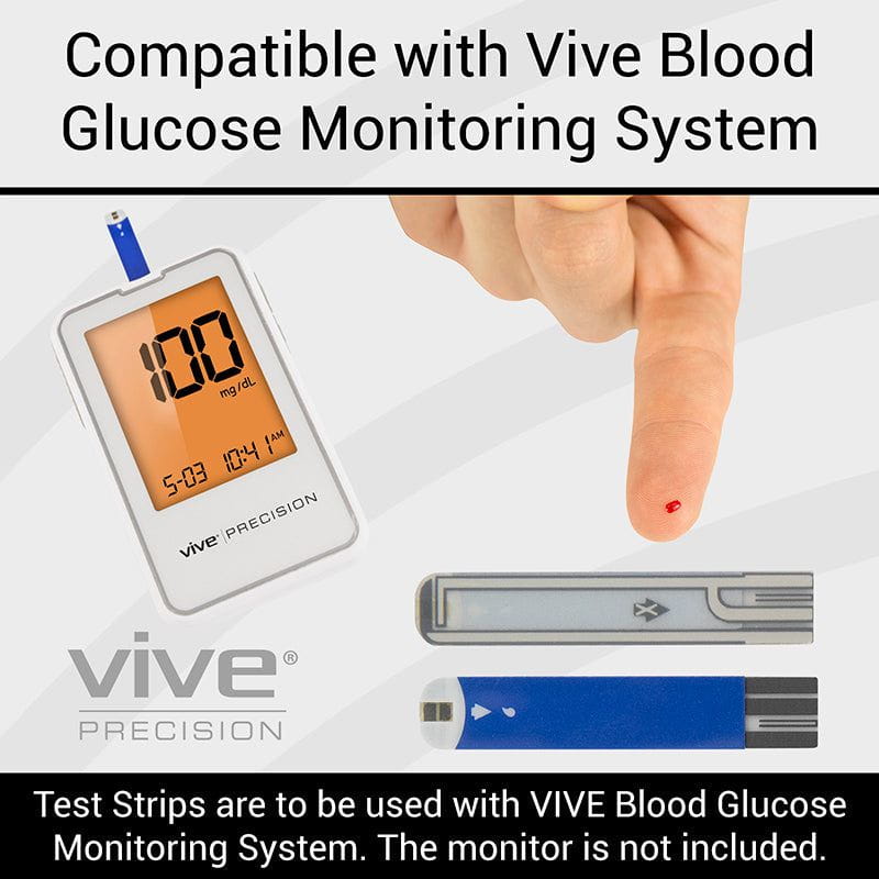 Vive Precision blood glucose monitoring system with a finger prick device and test strips on a white background.