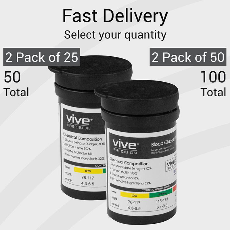 Two containers of Vive Precision blood glucose test strips with quantity options displayed.