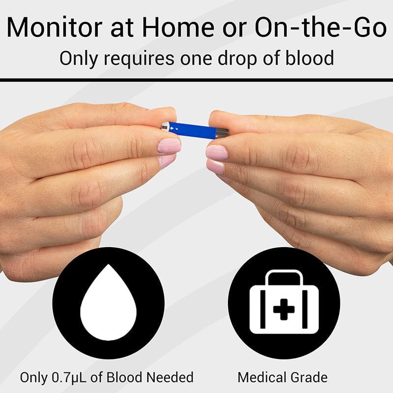Hands holding a small device with text about home or on-the-go blood monitoring, requiring only one drop of blood.