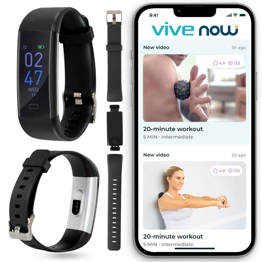Black fitness tracker with smartphone displaying 'Vive Now' app with workout videos.