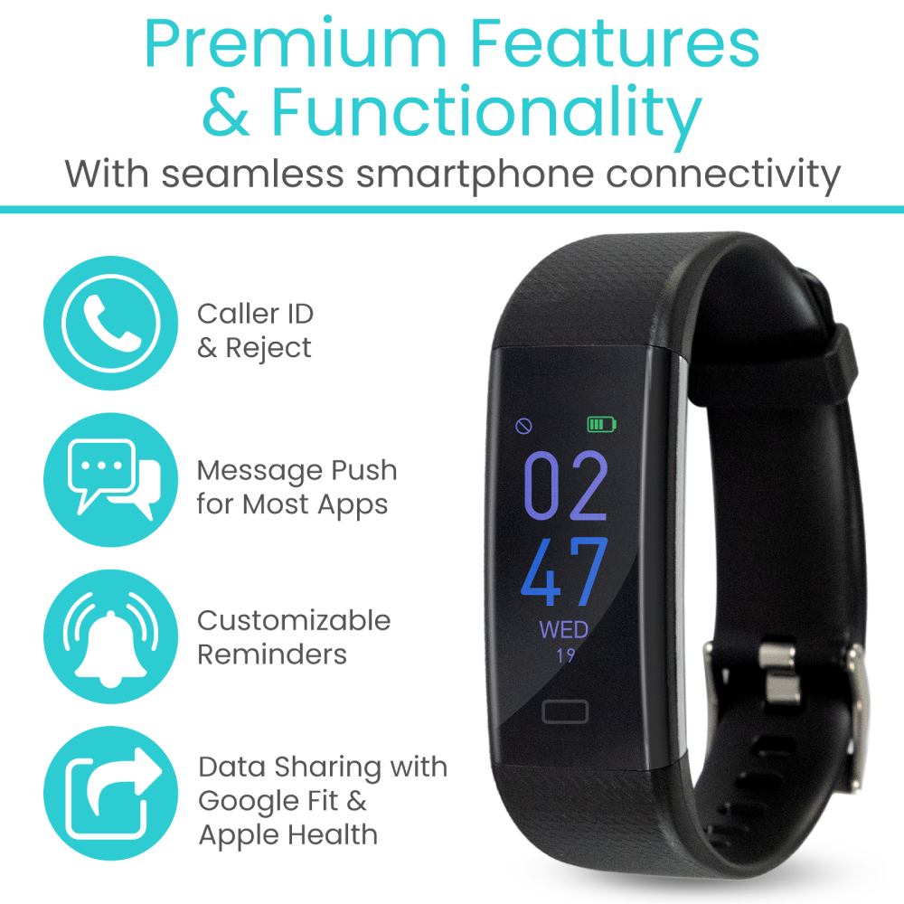 Black smartwatch with digital display on a white background, featuring text about its premium features and smartphone connectivity.
