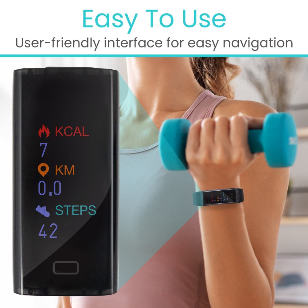 Fitness tracker with digital display and person exercising with dumbbells, emphasizing user-friendly interface.