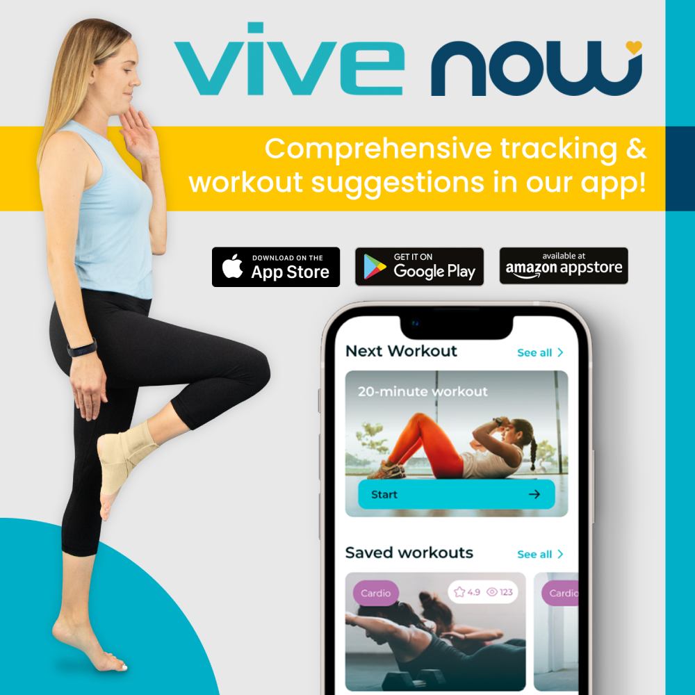 Advertisement for 'vive now' app with a woman exercising and smartphone displaying app interface.