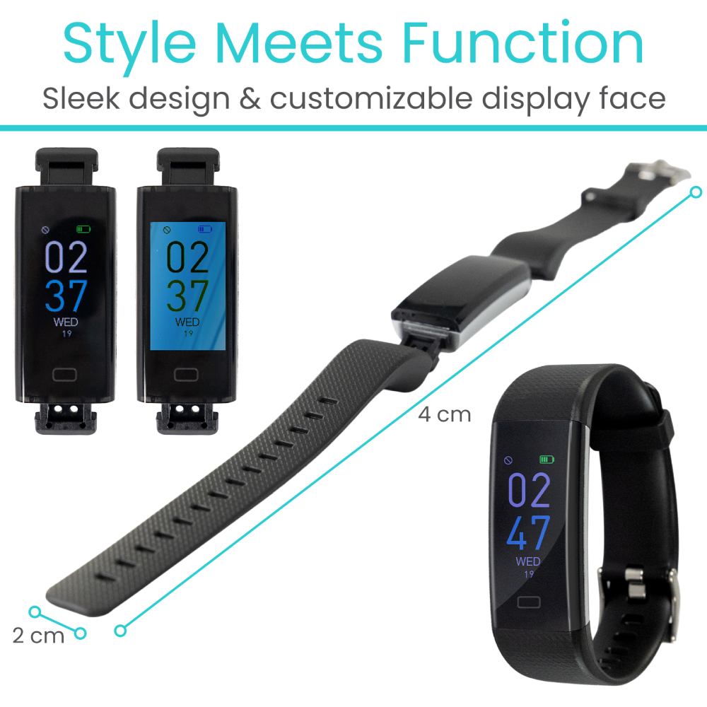 Black smartwatch with customizable display face and interchangeable straps on a white background.