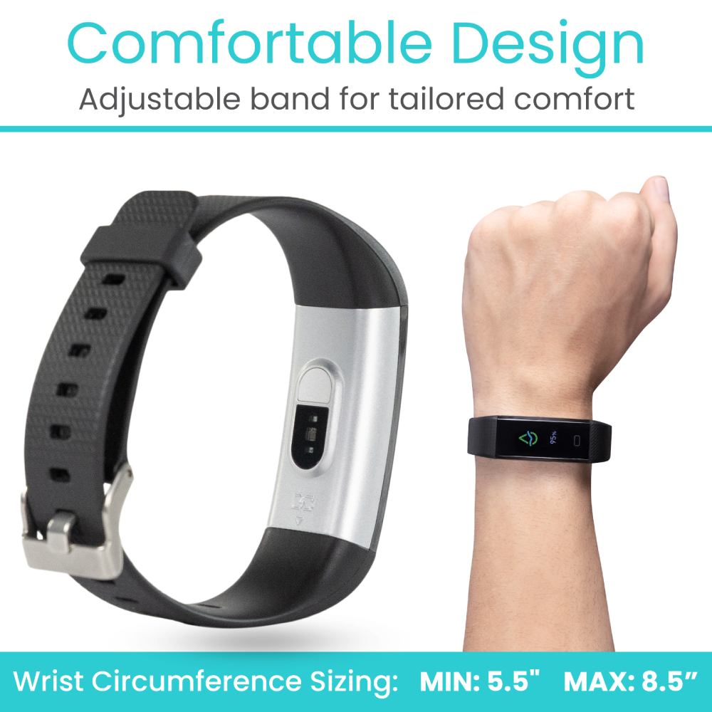 Black and silver adjustable band with a wrist wearing it, labeled 'Comfortable Design'.