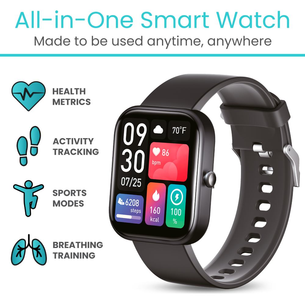 Smart watch with health metrics, activity tracking, sports modes, and breathing training features on a white background.