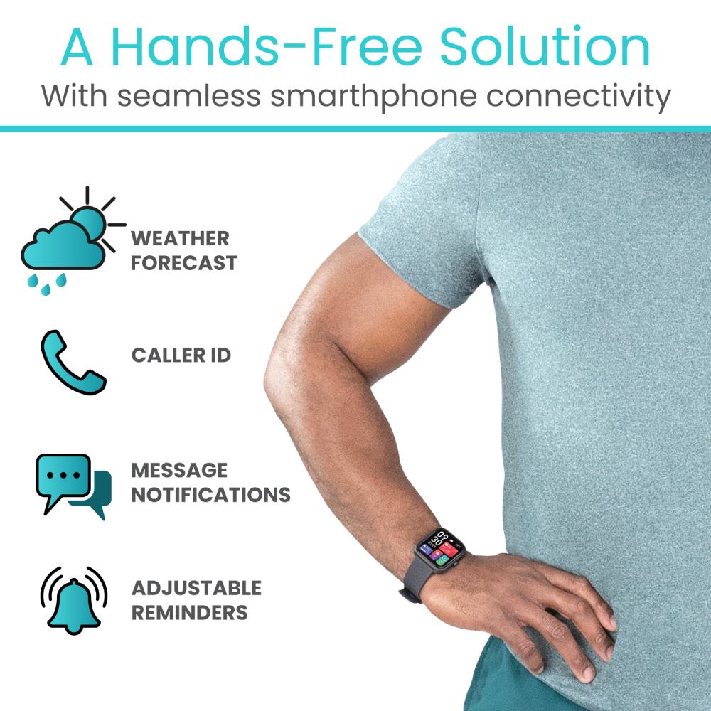 Smartwatch on a person's wrist with features listed on the screen, against a white background.