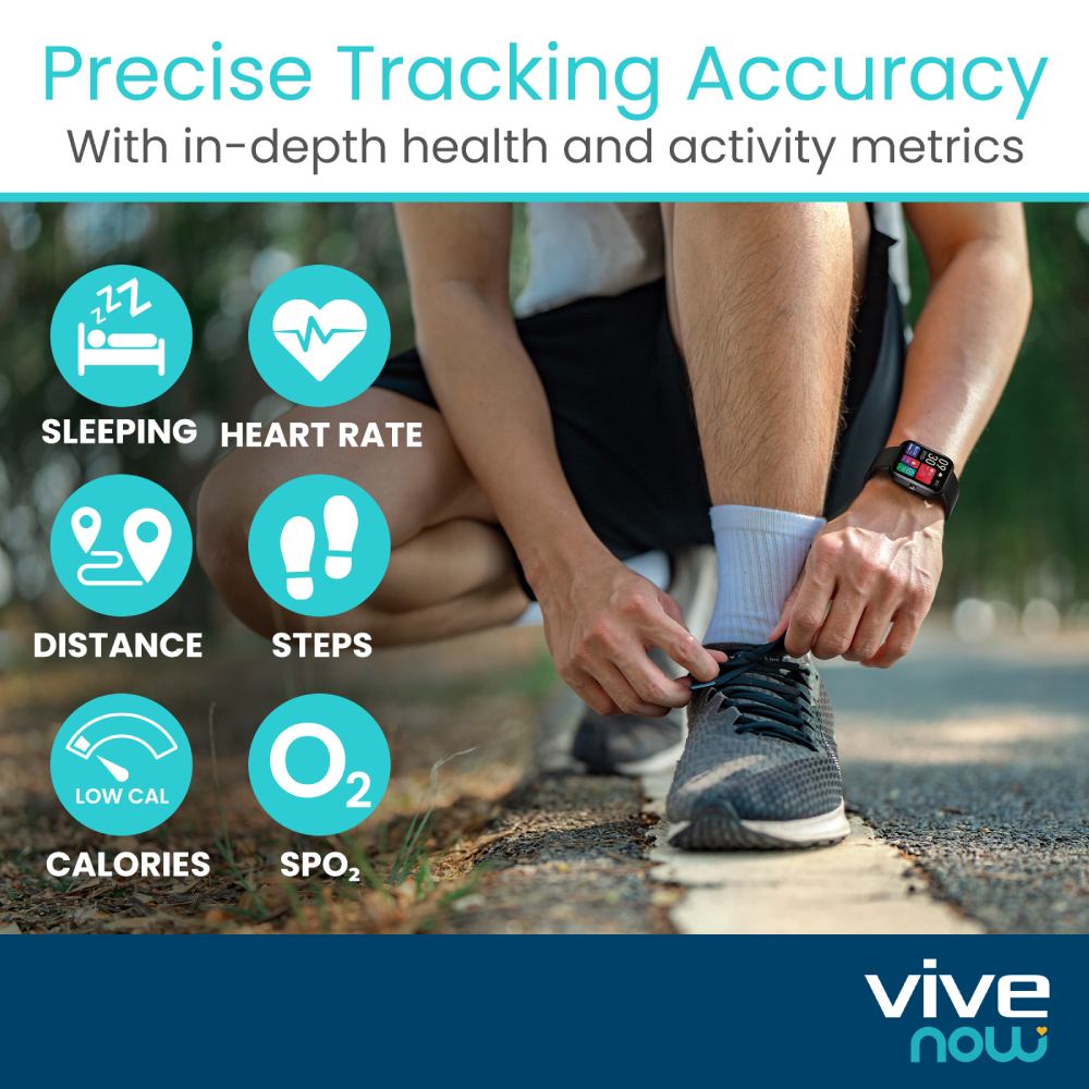 Person tying a shoe with a fitness tracker, surrounded by health metrics icons and 'Vive Now' branding.
