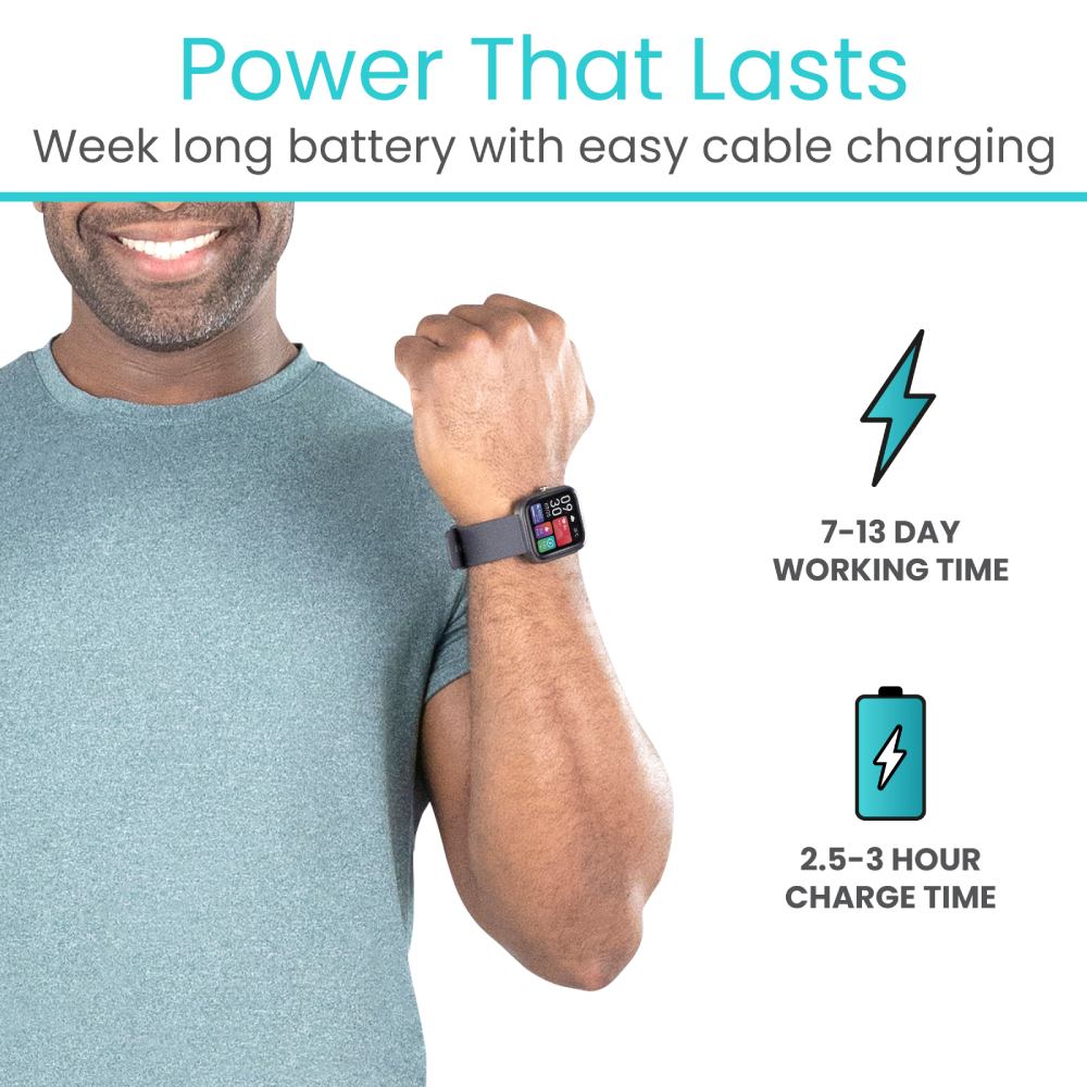 Man wearing a smartwatch with text about battery life and charging time on a white background