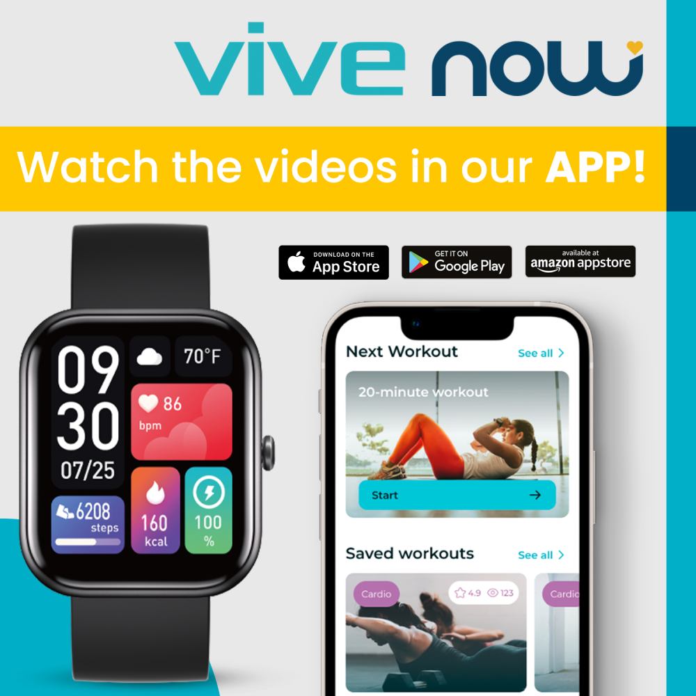 Smartwatch and phone displaying an app interface with 'vive now' branding and app store icons.