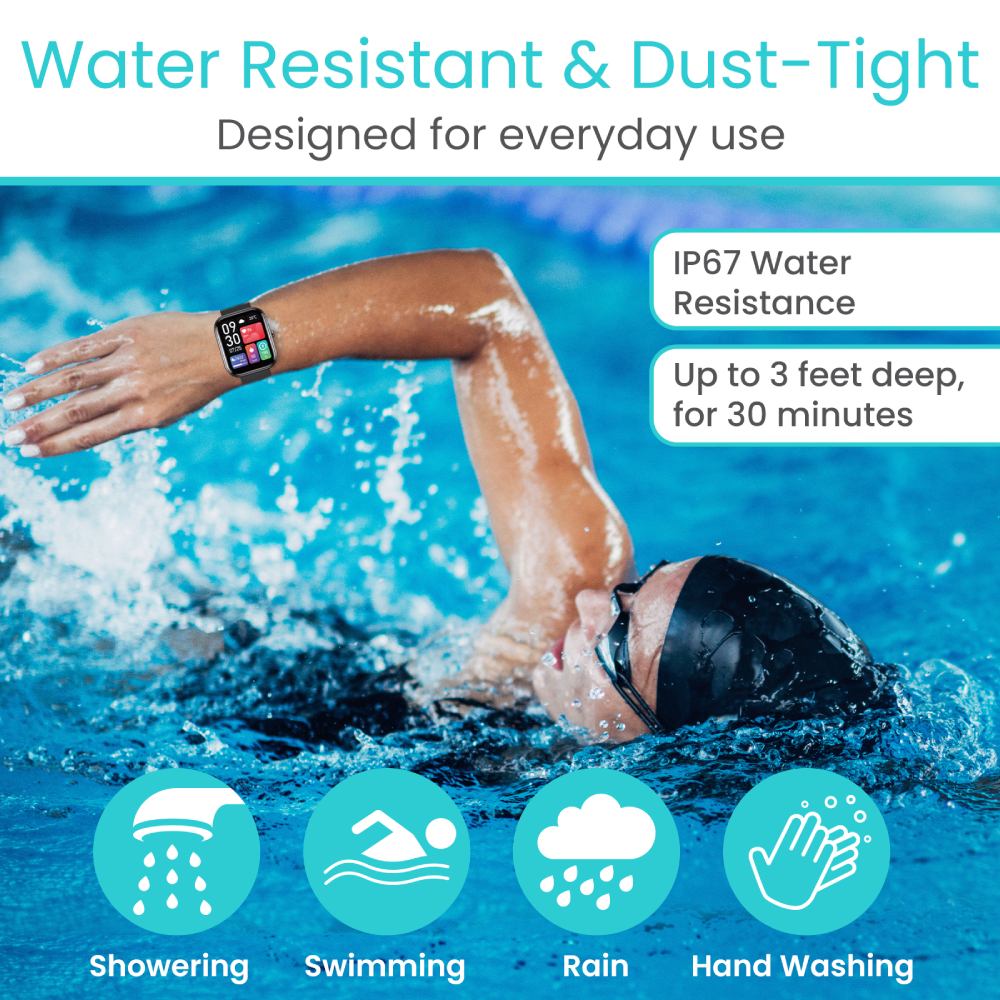 Person swimming with a smartwatch, emphasizing water resistance features.
