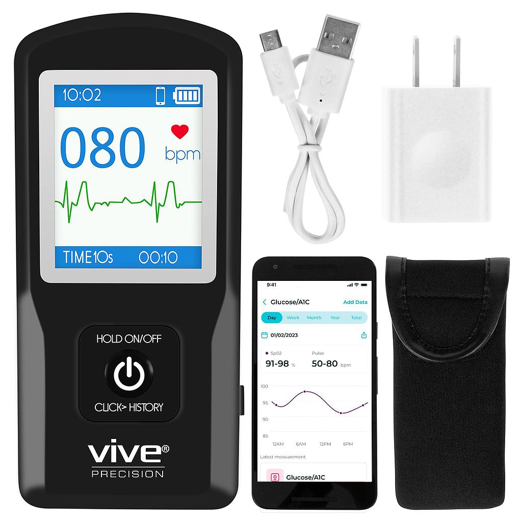 Vive Precision device with smartphone app, USB cable, and charging pad on a white background