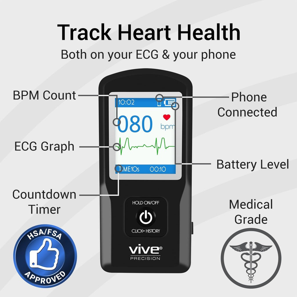 Heart health monitoring device with digital display and labeled features on a white background
