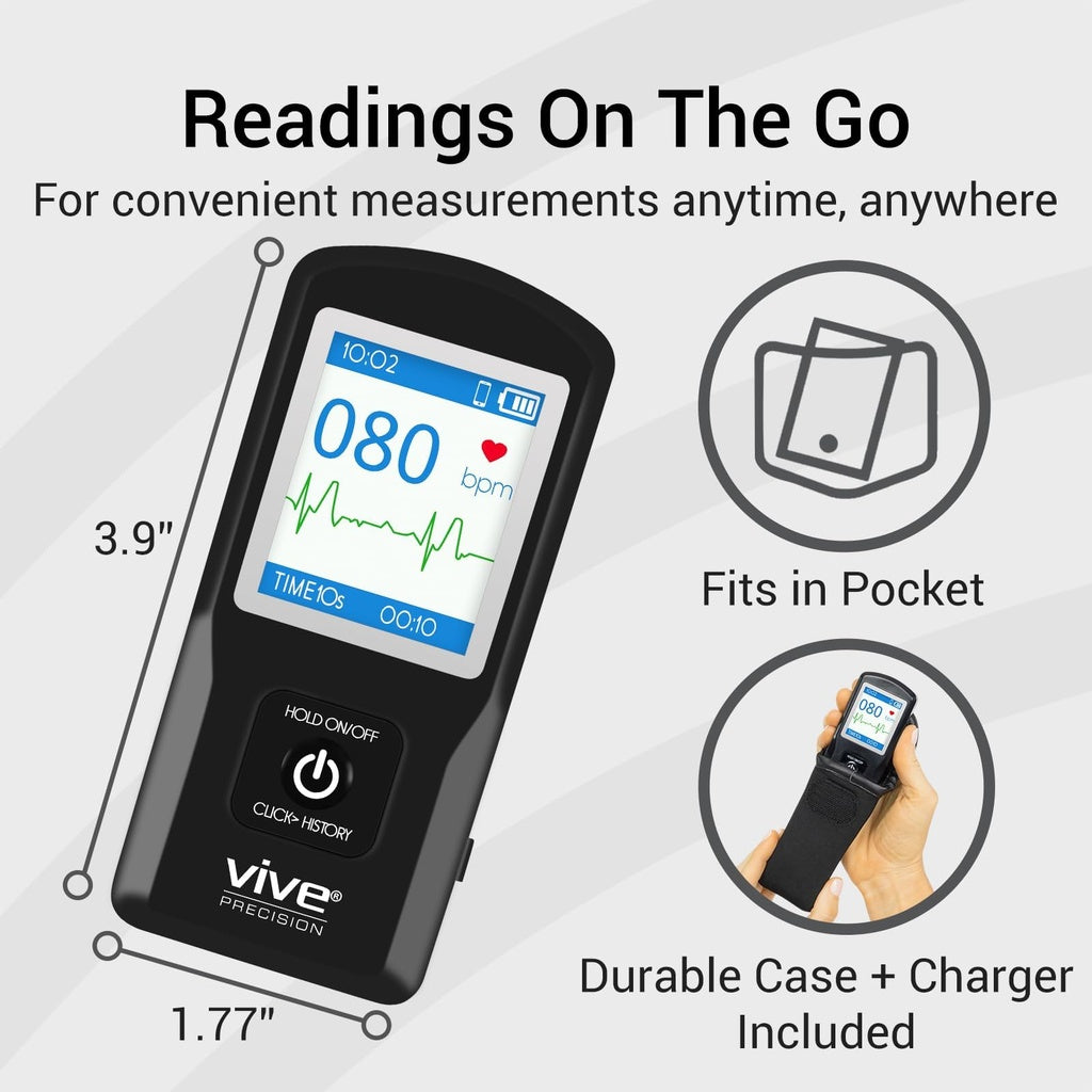 Black handheld device with digital display, labeled 'Vive Precision', on a light gray background with text about its features.