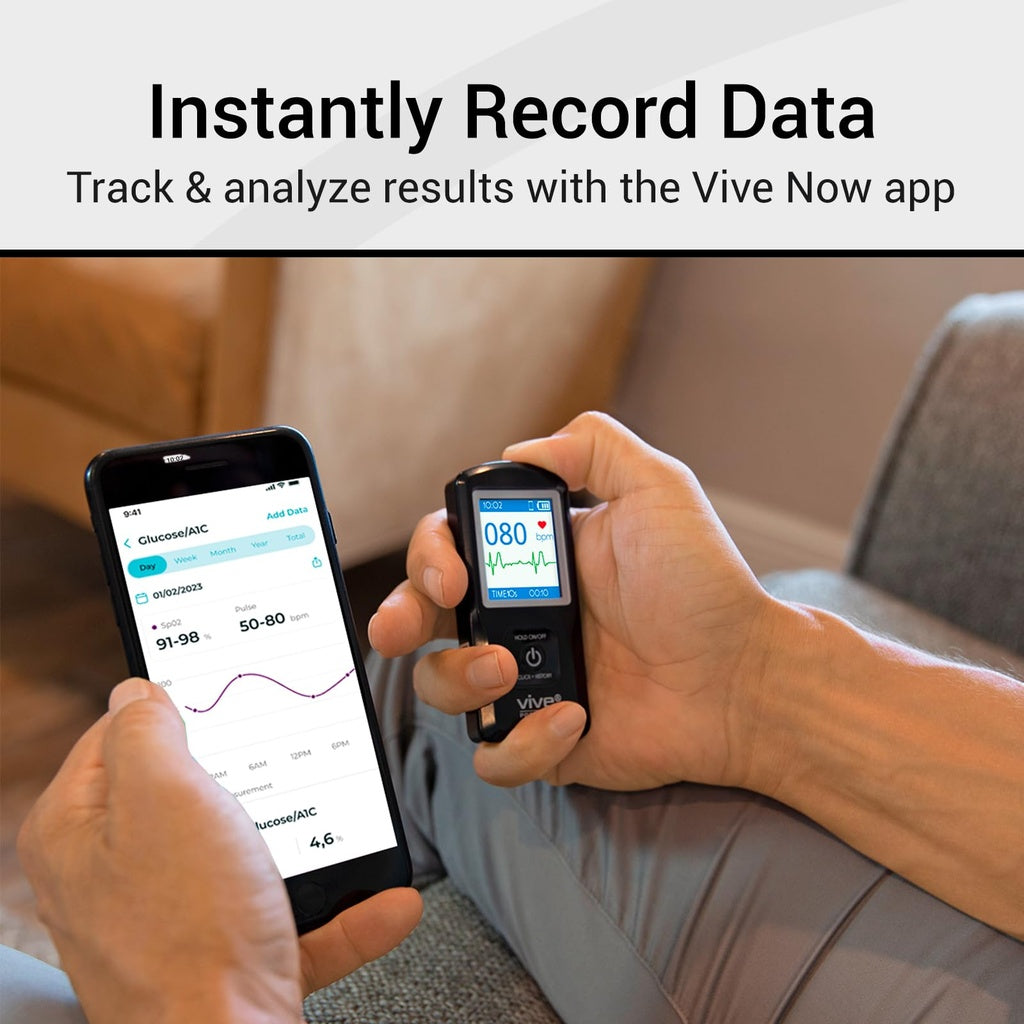 Person holding a glucose meter and smartphone with Vive Now app interface, sitting on a couch.