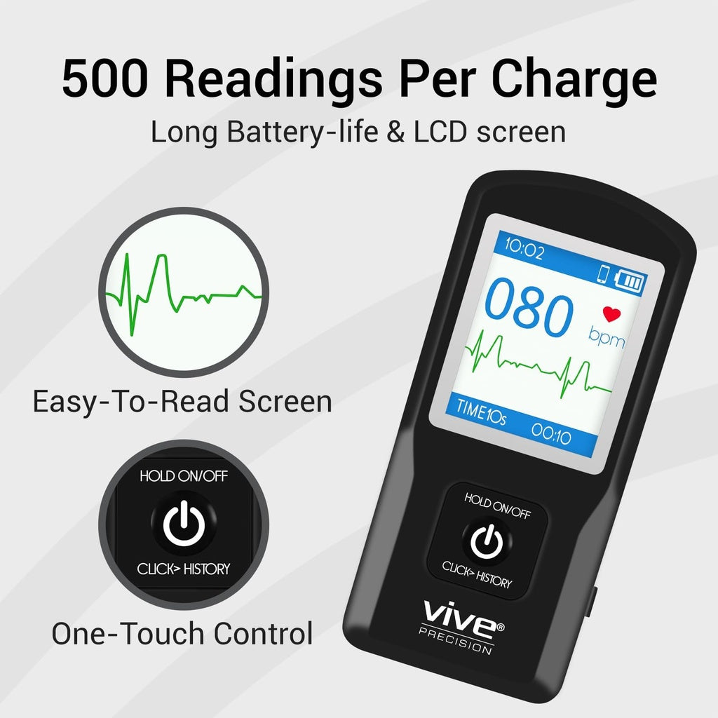 Black electronic device with a digital display on a gray background, featuring text about battery life and screen readability.