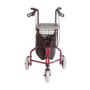 A red three-wheel rollator walker with a black wire basket, gray top platform, black seat, and white wheels, shown against a plain white background.