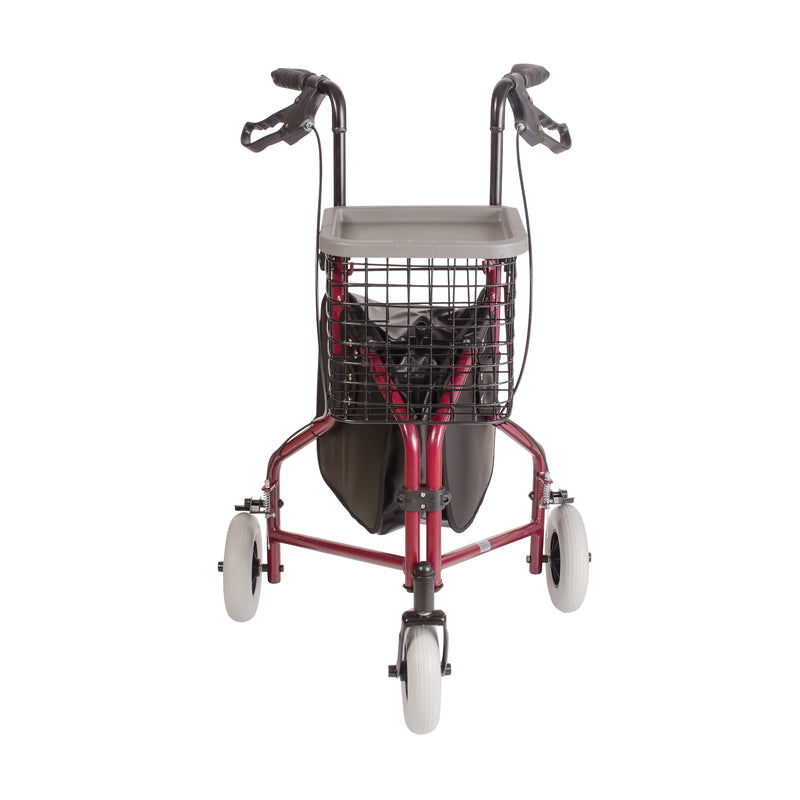 A red three-wheel rollator walker with a black wire basket, gray top platform, black seat, and white wheels, shown against a plain white background.