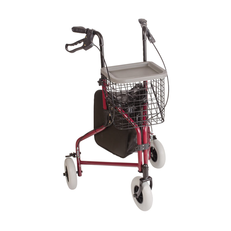 Red and black walker with a basket and seat on a white background