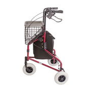 A red and black rolling walker with a front wire basket, black handlebars, and white wheels, shown on a plain white background.