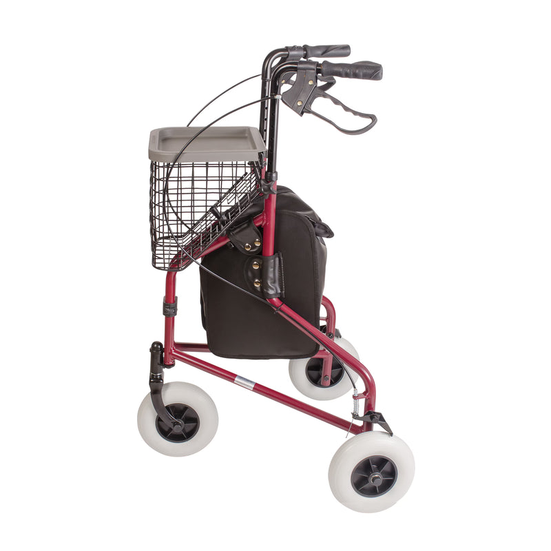 A red and black rolling walker with a front wire basket, black handlebars, and white wheels, shown on a plain white background.