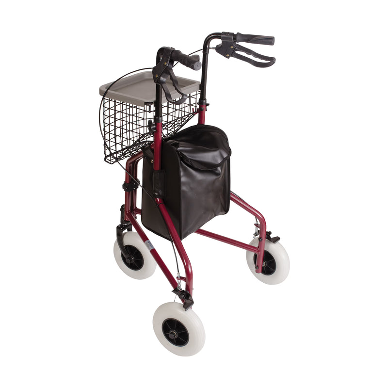 Red and black walker with basket and seat on a white background