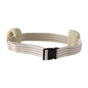 A beige elastic waist belt with a black plastic buckle and cream-colored fleece trim on both ends, featuring thin red and blue stitched stripes.