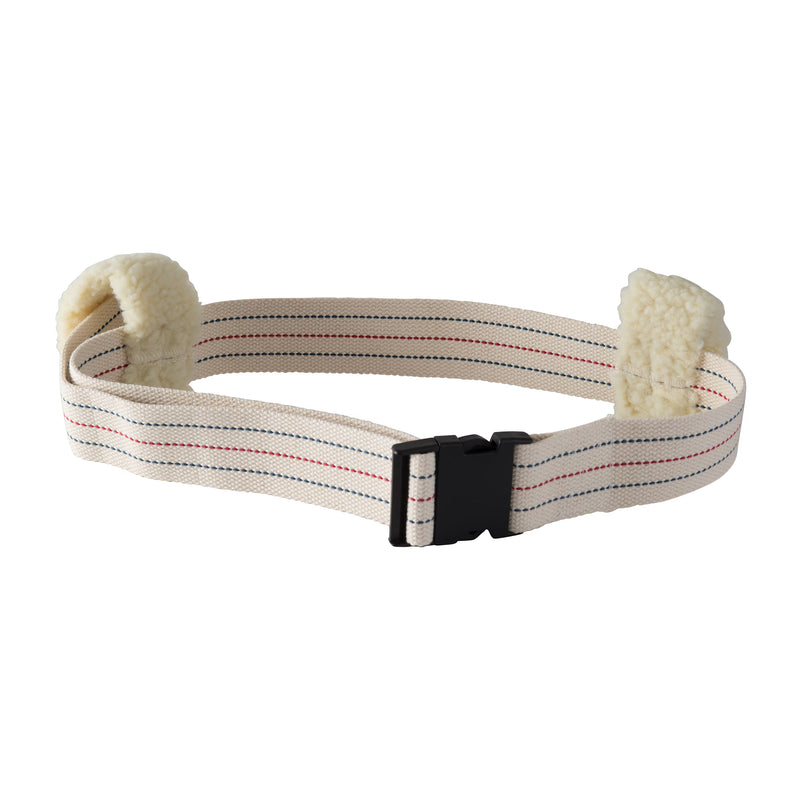 A beige elastic waist belt with a black plastic buckle and cream-colored fleece trim on both ends, featuring thin red and blue stitched stripes.