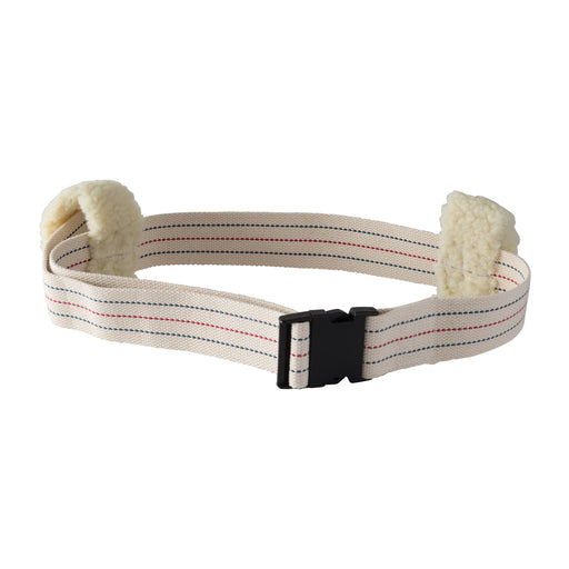 A beige elastic waist belt with a black plastic buckle and cream-colored fleece trim on both ends, featuring thin red and blue stitched stripes.