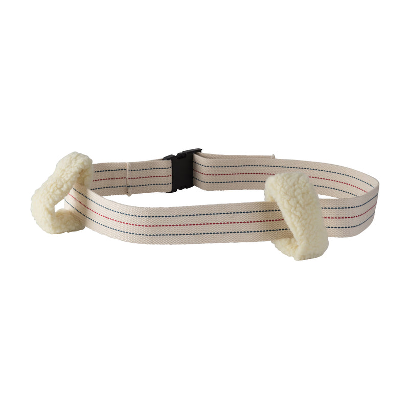 A cream-colored dog collar with plush fleece trim on the front and a black plastic buckle, featuring thin red and blue stitched stripes on the webbing.