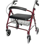 Red walker with a seat and basket on a white background