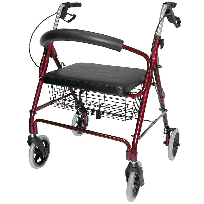 Red walker with a seat and basket on a white background