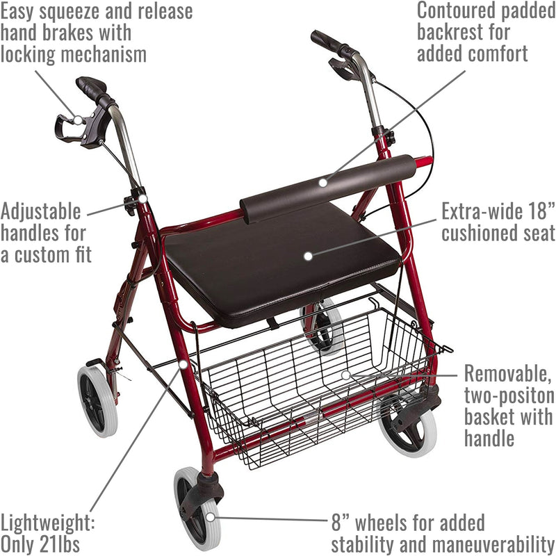 Red metal rollator walker with black padded seat and backrest, wire front basket, and four wheels, shown on a white background with callout text labels pointing to features.