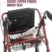 Red walker with a black bag and newspaper in the basket, labeled 'Secret Zipper Pouch Under Seat'.