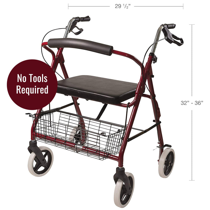 A red metal rollator walker with a black padded seat, black armrests, and a wire storage basket underneath, shown on a white background with dimension lines and a dark red circle that reads 'No Tools Required'.