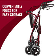 Red and black walker with text 'Conveniently folds for easy storage' on a red and white background